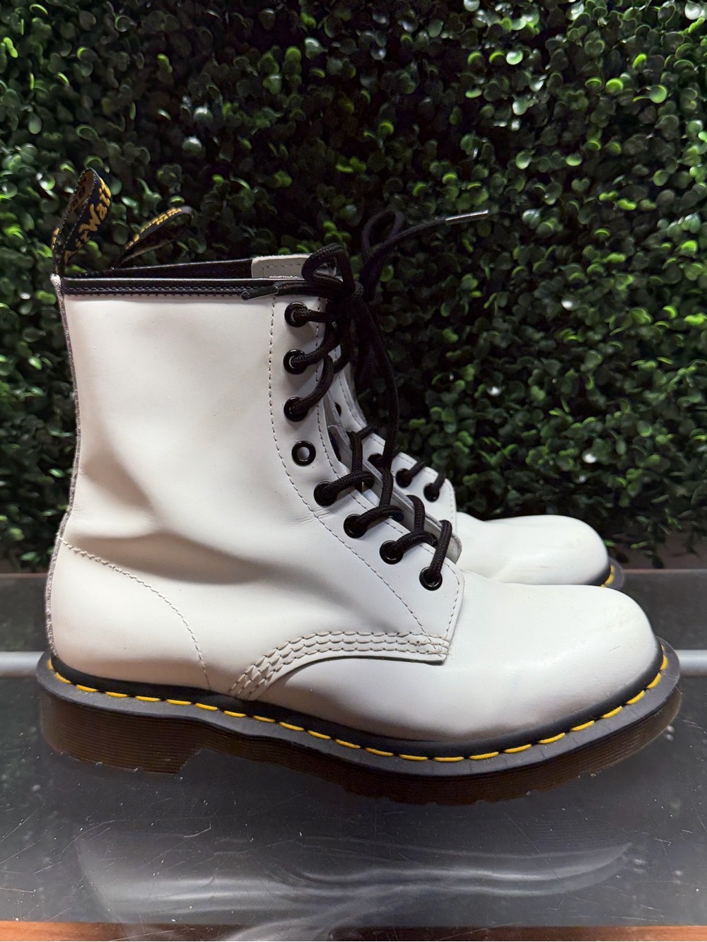 Dr. Martens White Leather Lace-Up Combat Boots with Yellow Stitching
